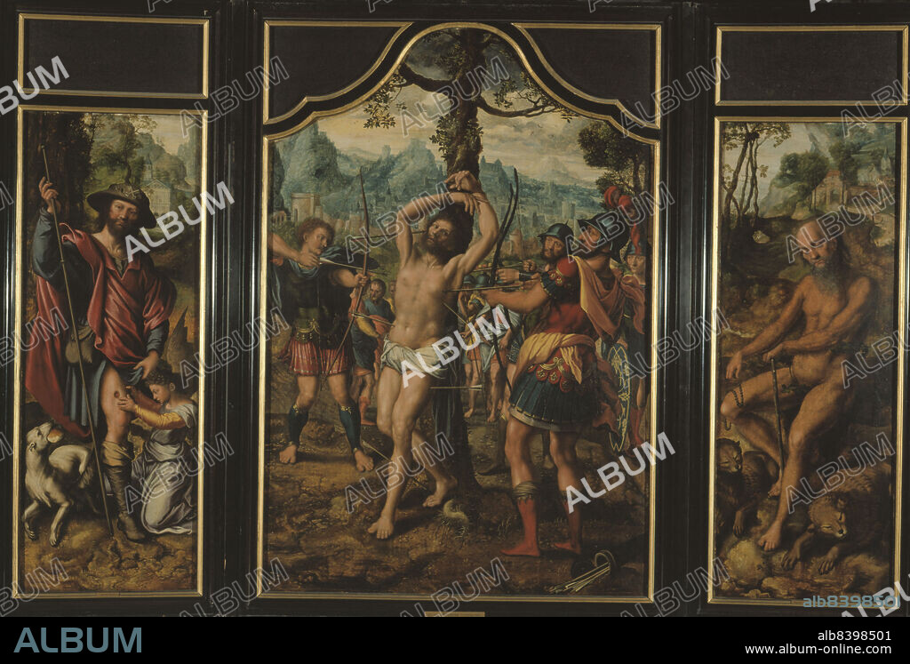 JAN SANDERS VAN HEMESSEN. Triptych of the martyrdom of Saint Sebastian (central panel): Saint Roch (left panel), Saint Onuphre (right panel), Saint Peter (reverse of right panel), Saint Etienne (reverse of left panel), between 1525 and 1566.