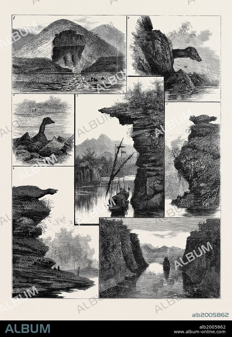 THE COLQUHOUN EXPEDITION THROUGH SOUTHERN CHINA, SCENES ON THE CANTON RIVER: 1. A Rock Near Nan-Ning being Undermined by a Stream; 2. Dog's Nose Rock; 3. Passing Under a Cliff; 4. Swan-Neck Rock in the Nine Swans' Gorge; 5. Demon Dog Rock; 6. Crocodile Point; 7. View up the Rocky Gorge Leading to Ha-ngan.