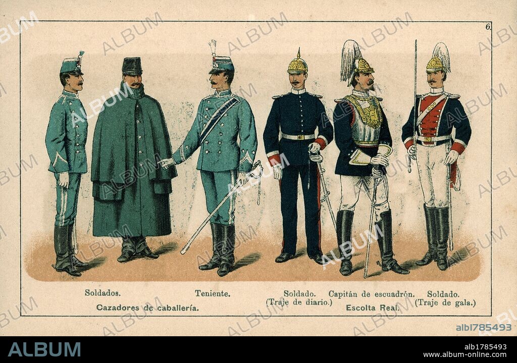 Uniformes del Ejército español. Año 1888. Cazadores de Caballería y escolta Real.