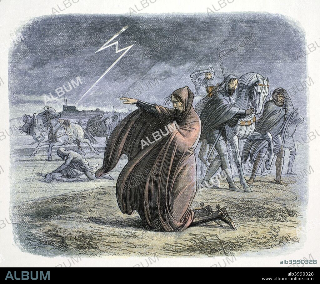 Edward III of England vows that he will make peace, 1360 (1864). After rejecting offers for peace during the Hundred Years War a great thunderstorm frightened the King (1312-1377). He is shown stretching his hand towards the Cathedral of Chartres and vowing that he would no longer be an obstacle to peace. The Treaty of Bretigny was signed about three weeks later on 8th May 1360.