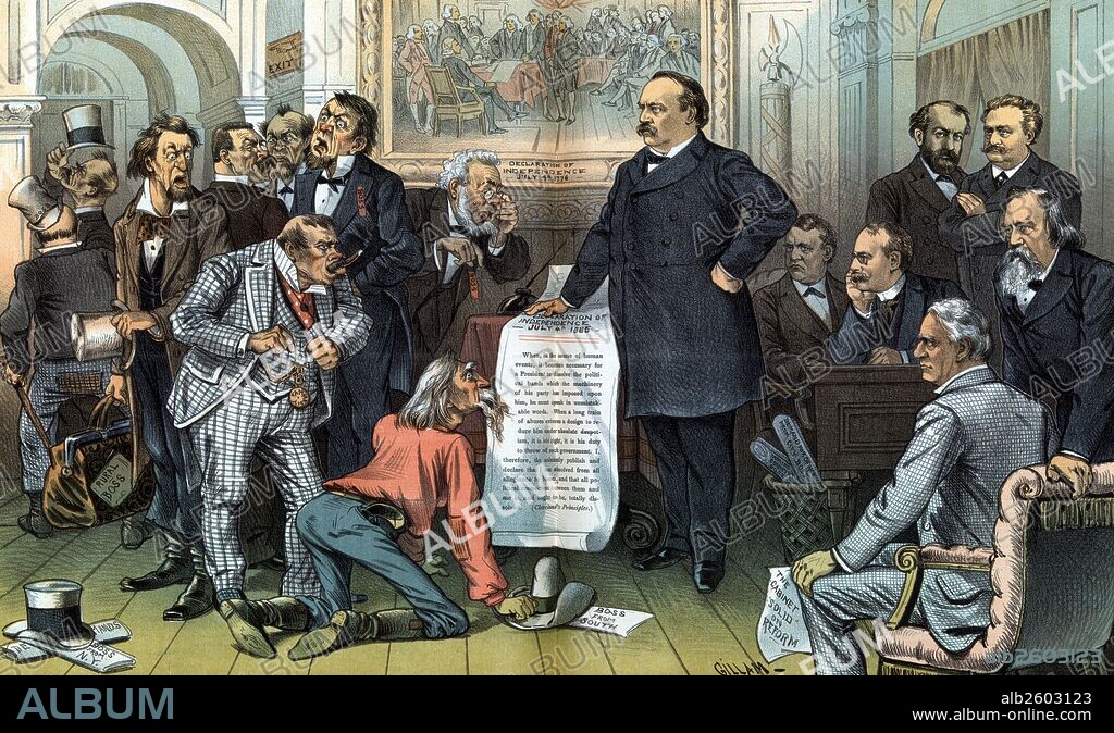 A new declaration of independence in the year 1885' Illustration shows President Cleveland (1837-1908) standing at a table, his right hand on a long document labelled "Declaration of Independence July 4th 1885" that trails off the table. He is facing a group of men, one labelled "Tammany" and others labelled "Boss" and "Rural Boss", they are standing near a passageway labelled "Exit". Behind Cleveland are members of his cabinet, William C. Whitney, Daniel Manning, Augustus H. Garland, William F. Vilas, L.Q.C. Lamar, and Thomas F. Bayard.