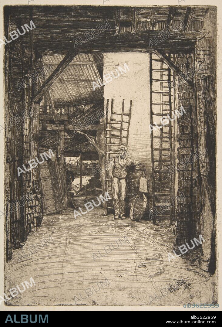 JAMES ABBOTT MCNEILL WHISTLER. The Lime-Burner (W. Jones, Lime-Burner, Thames Street). Artist: James McNeill Whistler (American, Lowell, Massachusetts 1834-1903 London). Dimensions: Plate: 9 3/4 x 7 in. (24.8 x 17.8 cm)
Sheet: 12 3/8 × 10 1/16 in. (31.4 × 25.6 cm). Series/Portfolio: Thames Set ("A Series of Sixteen Etchings of Scenes on the Thames and Other Subjects" 1871). Date: 1859.
As he had in La Marchande de moutarde in 1858, Whistler here focuses on a humble business and uses the architecture to frame a receding interior. The proprietor, William Jones, leans against a barrel in his yard, near artfully arranged ladders. At left, a long passageway ends in a glimpse of the water of East London Wharf. Limeburners reduced chalk and limestone in kilns to produce a key ingredient for mortar and plaster. Whistler included this print in A Series of Sixteen Etchings of Scenes on the Thames and Other Subjects (the "Thames Set") in 1871.