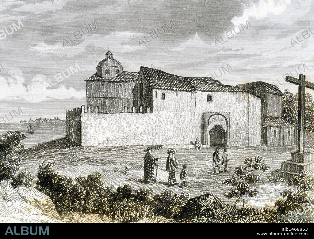 ARTE GOTICO. ESPAÑA. MONASTERIO DE LA RABIDA. Monasterio franciscano Construido entre los s. XV y XVI. Se halla en el término municipal de Palos de la Frontera. Grabado del s. XIX. Provincia de Huelva. Andalucía. España.