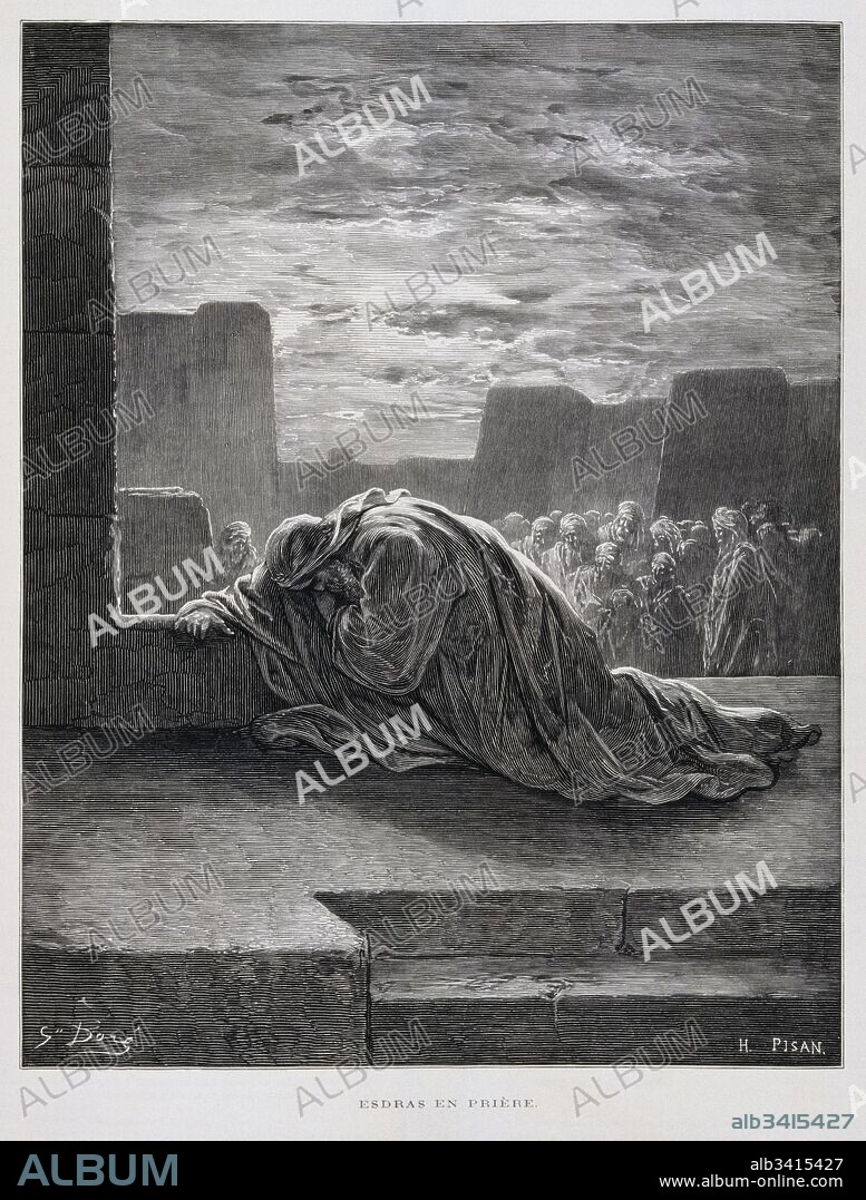 Ezra laments in prayer, Illustration from the Dore Bible 1866. In 1866, the French artist and illustrator Gustave Doré (1832–1883), published a series of 241 wood engravings for a new deluxe edition of the 1843 French translation of the Vulgate Bible, popularly known as the Bible de Tours. This new edition was known as La Grande Bible de Tours and its illustrations were immensely successful. Ezra (fl. 480–440 BCE), was a Jewish scribe and a priest. He returned from Babylonian exile and reintroduced the Torah in Jerusalem.