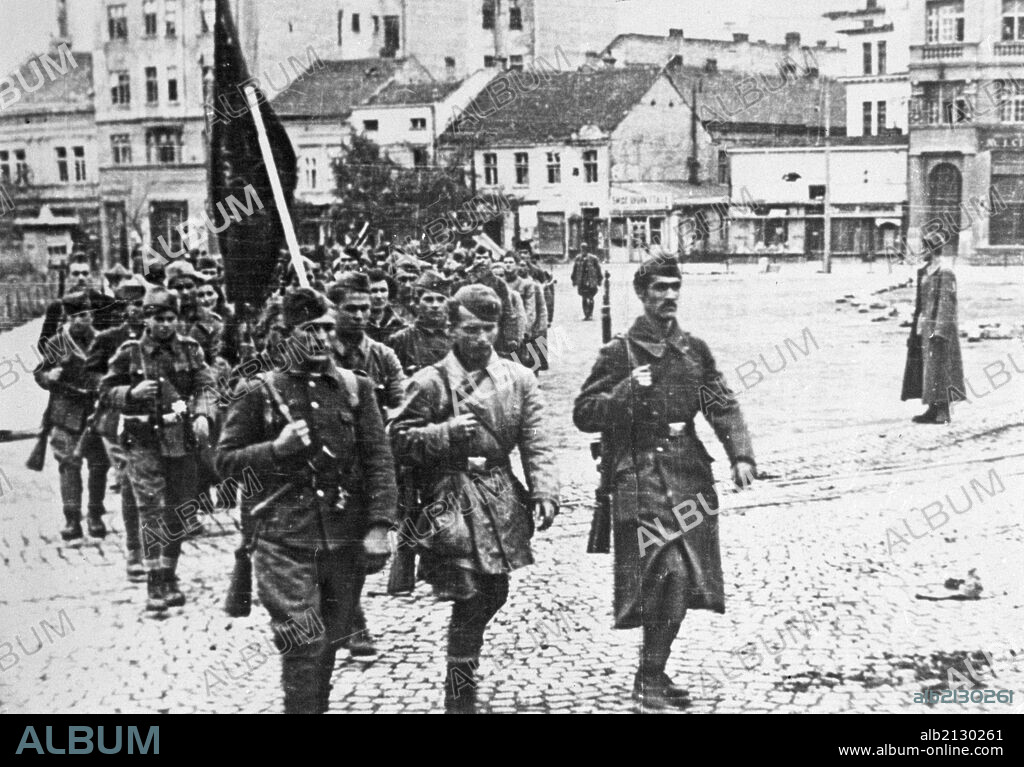 Partisan units of yugoslav national liberation army march into liberated belgrade, october 20th, 1944, yugoslavia, world war 2.