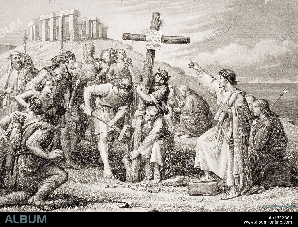 The first preaching of Christianity in Britain. Engraved by John Easton after C. W. Cope. From the book 'Illustrations of English and Scottish History' Volume 1.