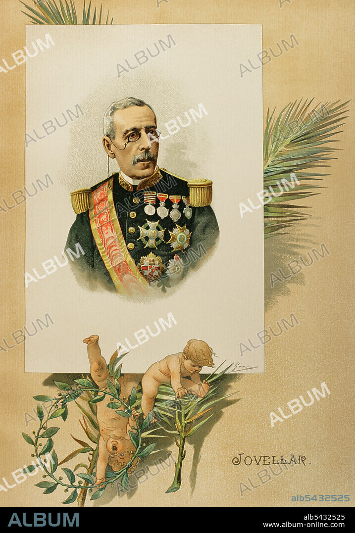 Joaquín Jovellar y Soler (1818-1892). Militar y político español. Presidente del gobierno de España en 1875. Gobernador y Capitán General de Cuba (1873-1874 y 1876-1878). Capitán general de Filipinas entre 1883 y 1885. Retrato. Cromolitografía. Historia General de España, por Miguel Morayta. Tomo IX. Madrid, 1896.