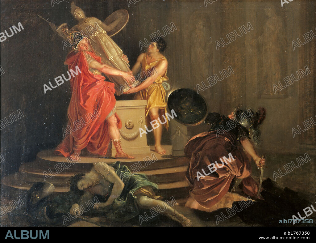 Ulysses and Diomedes Stealing the Statue of Pallas Athena, by Gaspare Landi, 1783, 18th Century, oil on canvas, cm 97 x 146. Italy, Emilia Romagna, Parma, National Gallery. Detail. Ulysses Diomedes theft simulacrum statue Pallas Athena altar soldier shield sword chiaroscuro red black brown. Authorization required for non editorial use.