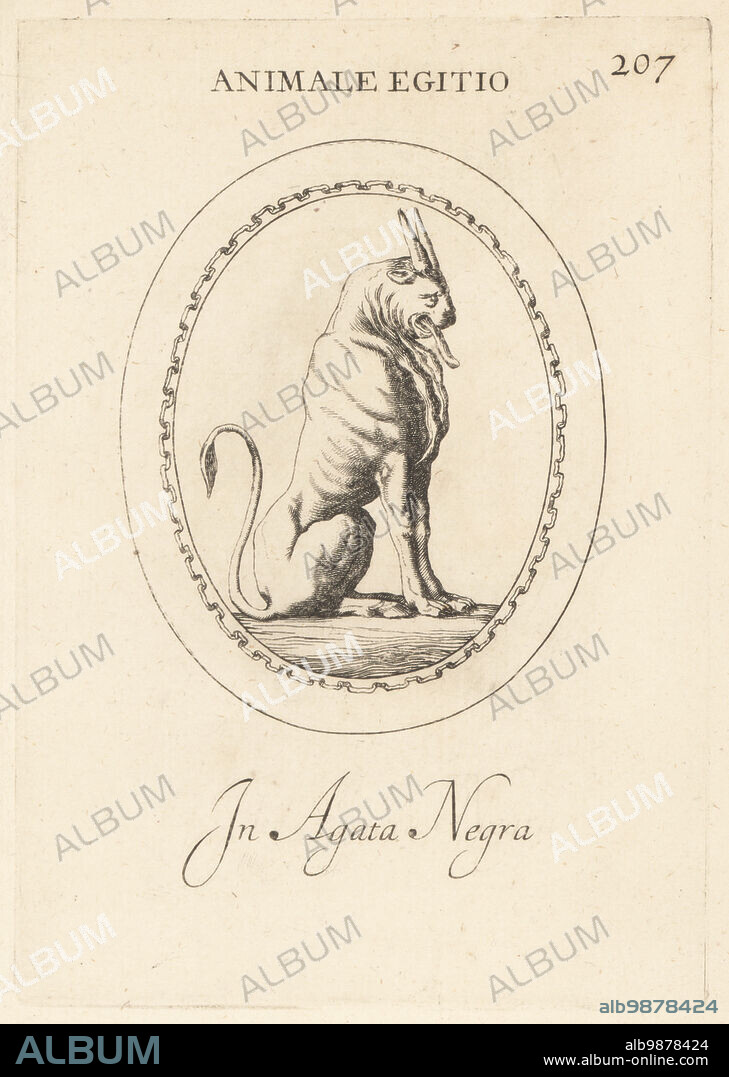 Egyptian chimera in black agate. A hybrid animal with bull and lion parts. The bull was the symbol of the Egyptian god Apis or Ptah, the lion Osiris. Animale egitio in agata nera. Copperplate engraving by Giovanni Battista Galestruzzi after Leonardo Agostini from Gemmae et Sculpturae Antiquae Depicti ab Leonardo Augustino Senesi, Abraham Blooteling, Amsterdam, 1685.