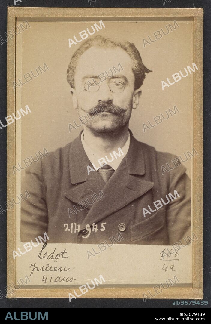 Ledot. Julien. 41 ans, né à Bourges (Cher). Employé. Anarchiste. 1/3/94. Artist: Alphonse Bertillon (French, 1853-1914). Dimensions: 10.5 x 7 x 0.5 cm (4 1/8 x 2 3/4 x 3/16 in.) each. Date: 1894.
Born into a distinguished family of scientists and statisticians, Bertillon began his career as a clerk in the Identification Bureau of the Paris Prefecture of Police in 1879. Tasked with maintaining reliable police records of offenders, he developed the first modern system of criminal identification. The system, which became known as Bertillonage, had three components: anthropometric measurement, precise verbal description of the prisoner's physical characteristics, and standardized photographs of the face. 
In the early 1890s Paris was subject to a wave of bombings and assassination attempts carried out by anarchist proponents of "propaganda of the deed." One of Bertillon's greatest successes came in March 1892, when his system of criminal identification led to the arrest of an anarchist bomber and career criminal who went by the name Ravachol (2005.100.375.348). The publicity surrounding the case earned Bertillon the Legion of Honor and encouraged police departments around the world to adopt his anthropometric system.