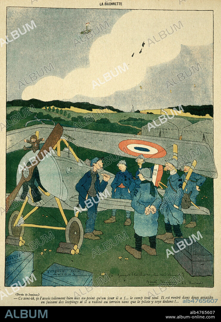'Ce zinc la, je l'avais tellement bien mis au point qu'un jour il a f... le camp tout seul. Il est rentre dans deux aviatiks en faisant les loopings et il a radine au terrain sans que le pilote soit dedans'. Illustration de Marcel JEANJEAN (1893-1973) ADAGP dans La Baionnette du 10/05/1917. Credit: Collection KHARBINE-TAPABOR.