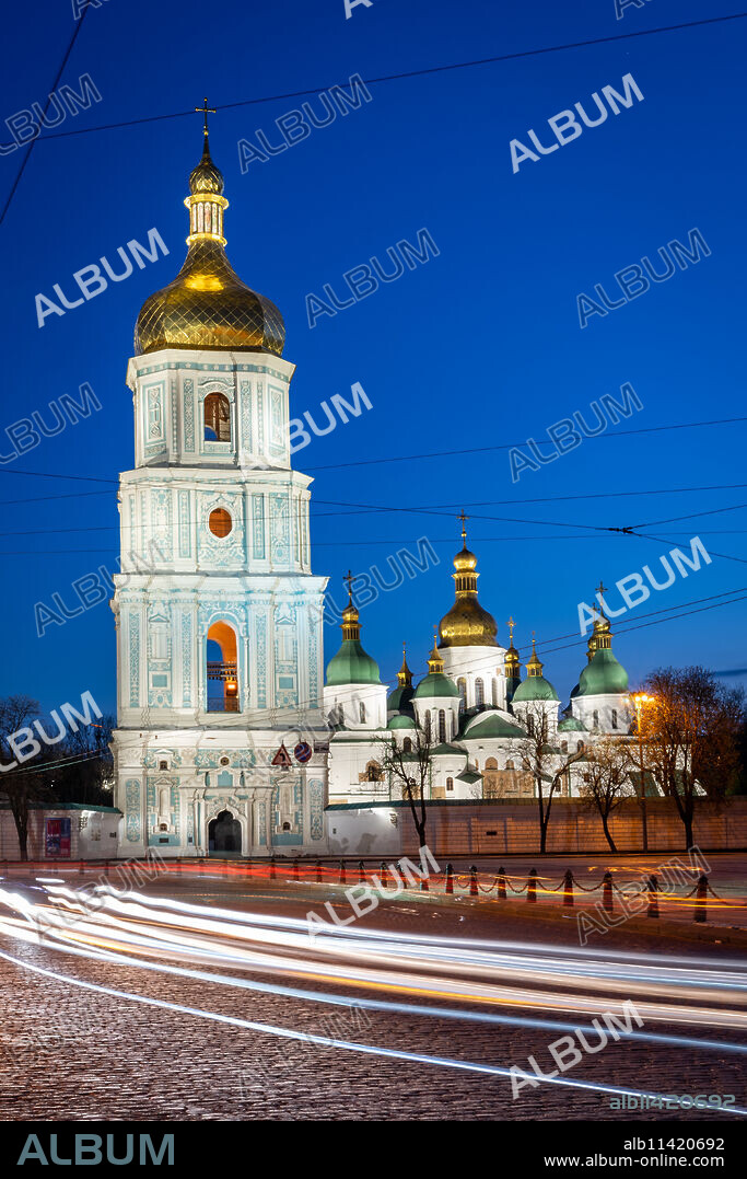 St. Sophia Cathedral and Sophia Square during blue hour in Kyiv (Kiev), Ukraine, Europe.