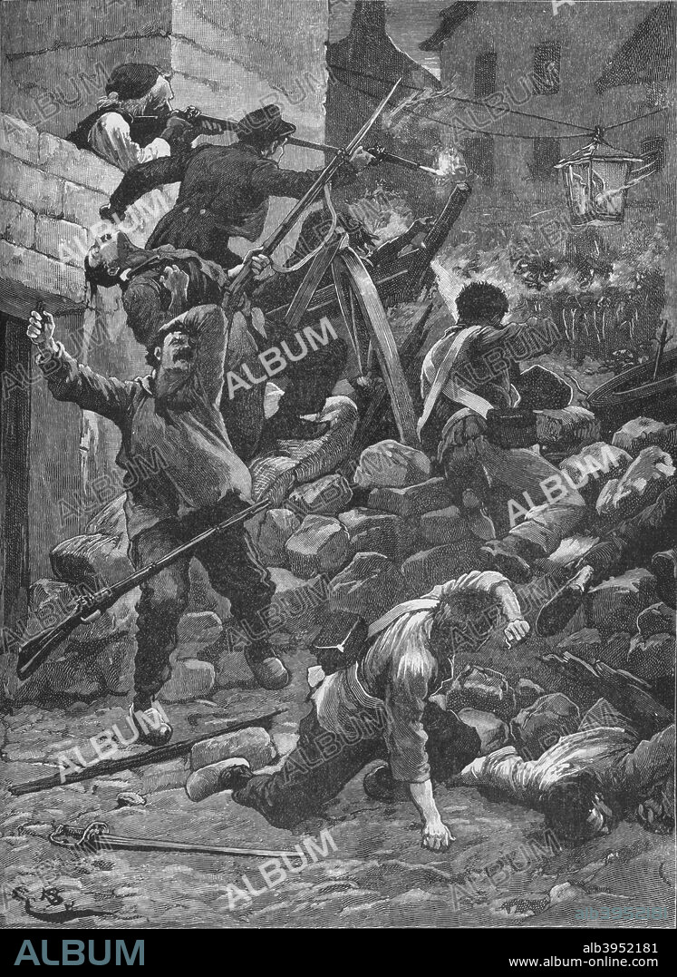 Fighting at the barricades in Paris, 1848 (1906). The French Revolution of 1848 overthrew King Louis Philippe and installed Napoleon III as President of the Second Republic. From Cassell's Illustrated History of England, Vol. V. [Cassell and Company, Limited, London, Paris, New York & Melbourne, 1906].