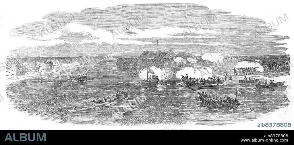 Boat Attack at the Sulineh Mouth of the Danube, 1854. Crimean War: the Royal Navy destroys a Romanian town under Russian control. 'The Russian batteries at the entrance of the Sulineh river had already been destroyed, under the skilful directions of Captain Parker, and thus this chief opposition to the navigation of the river was removed...Captain Parker then turned the boat round, and, as she retreated, fired his rifle with the greatest coolness at the enemy, who were now pouring in a galling and heavy fire on all our boats...[He] leaped from his galley, crying, "We must storm; follow me, my men"; and gallantly rushed forward...[He] had fired his rifle once, and struck down a Cossack, and was reloading, when a volley of balls fell around, one of which pierced his heart. He fell into the arms of his coxswain, and in a moment this noble and gallant sailor had ceased to live'. From "Illustrated London News", 1854.