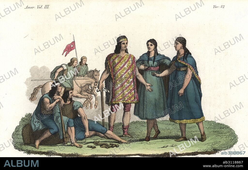 Araucanian Mapuche or Moluche leader with tunic and axe, women in woven dresses, and cavalry with spear and pennant. Handcoloured copperplate engraving by Verico from Giulio Ferrrario's Costumes Antique and Modern of All Peoples (Il Costume Antico e Moderno di Tutti i Popoli), Florence, 1842.