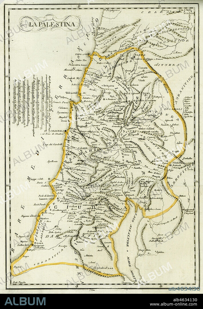 Map of Palestine, circa 1800. From Gaza and Ashkelon in the south to Tyre and Sidon (Lebanon) in the north. La Palestina. Handcoloured copperplate engraving after Giulio Ferrario in his Costumes Ancient and Modern of the Peoples of the World, Il Costume Antico e Modern o Story, Florence, 1833.