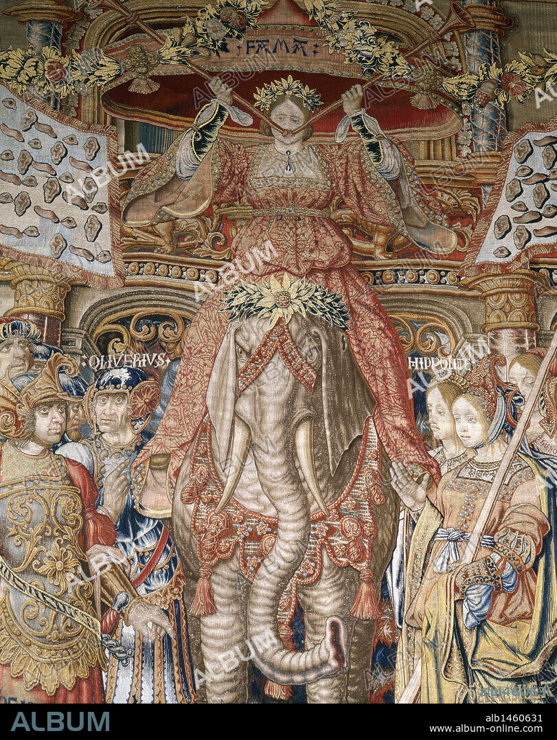 ARTE RENACIMIENTO. ESPAÑA. TAPIZ DE LA FORTUNA (detalle), uno de los ocho grandes paños de la serie "HONORES Y VIRTUDES" fabricados en Bruselas a mediados del s. XVI. Realizado con lana, seda y plata. Sala 3. Museo de los Tapices. PALACIO REAL DE LA GRANJA DE SAN ILDEFONSO. Provincia de Segovia. Castilla-León. PATRIMONIO NACIONAL.