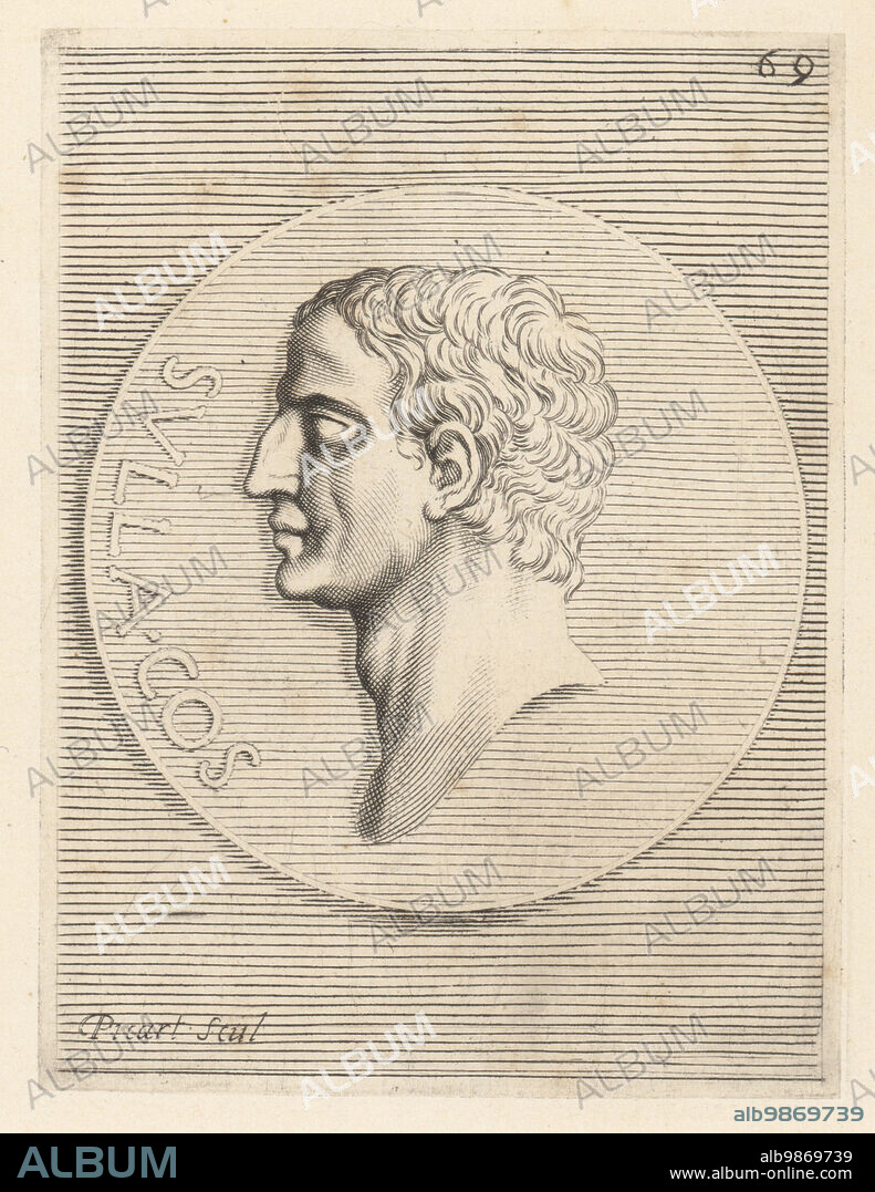 Lucius Cornelius Sulla Felix, commonly known as Sulla, Roman general and statesman who became dictator after the first large-scale civil war in Roman history. From a bronze denarius coin minted by his grandson Quintus Pompeius Rufus. Sulla cos. Copperplate engraving by Etienne Picart after Giovanni Angelo Canini from Iconografia, cioe disegni d'imagini de famosissimi monarchi, regi, filososi, poeti ed oratori dell' Antichita, Drawings of images of famous monarchs, kings, philosophers, poets and orators of Antiquity, Ignatio deLazari, Rome, 1699.