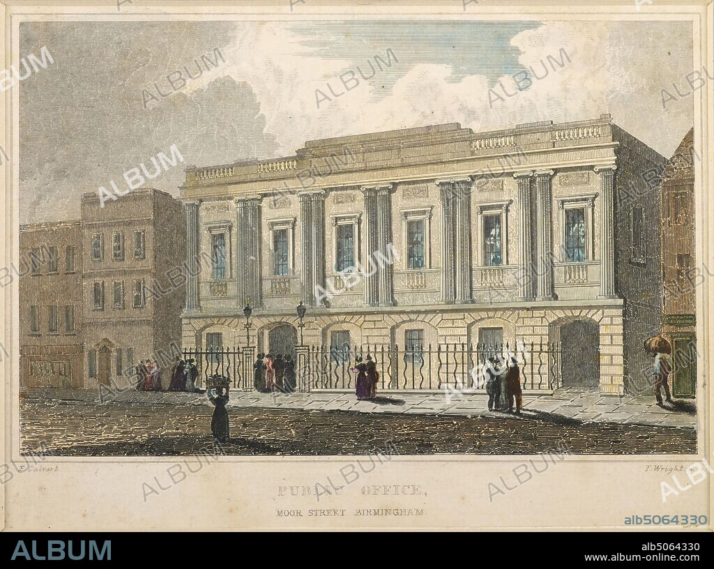 Hand-tinted Engraving, Public Office, Moor Street, Birmingham, 1830 Engraver: T Wrighton After: Frederick Calvert Publisher: William Emans, Topographical Views, Printing, Engraving, Birmingham history, Architecture, Civic Building.