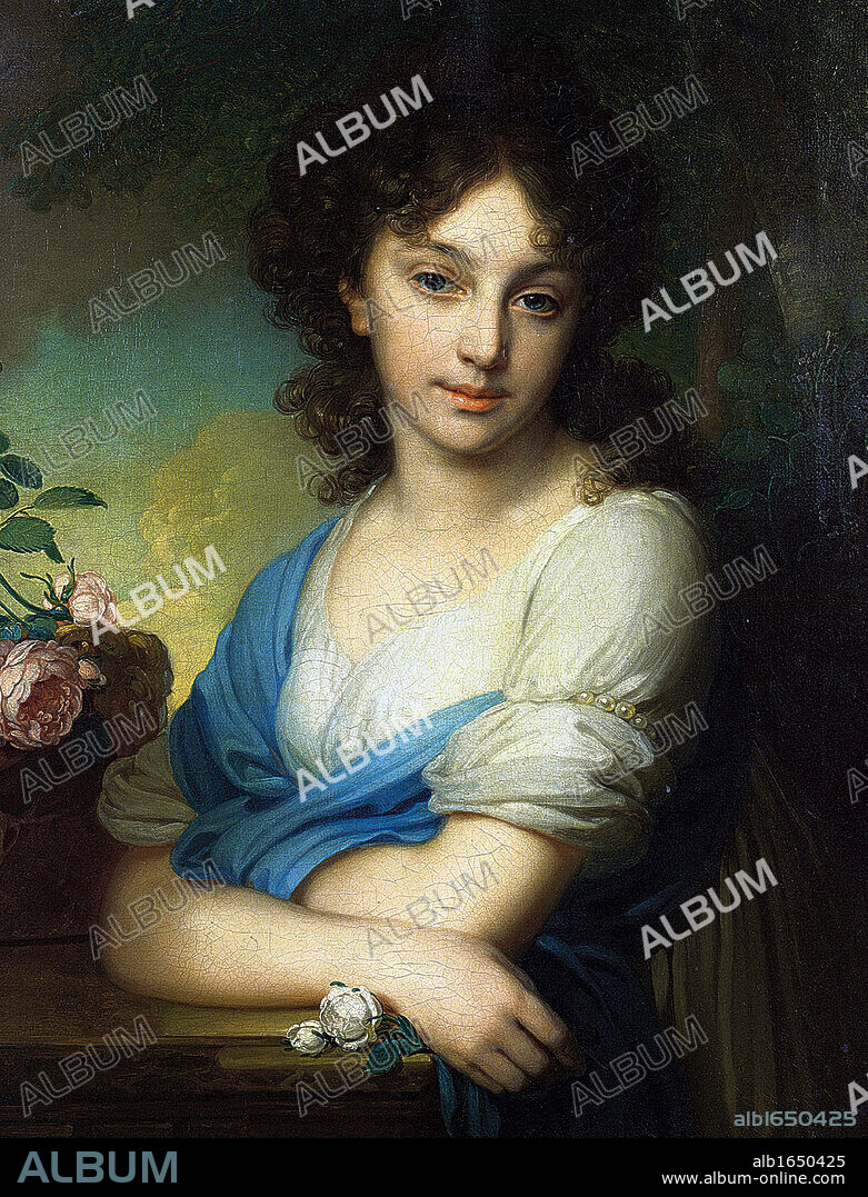 Elena Alexandrovna Naryshkina, 1799. Oil on canvas.  Vladimir Lukich Borovikovsky (1757-1825) Russian painter.  Portrait Female Three-quarter Frontal Youth Romantic Pearl Rose Pink White.