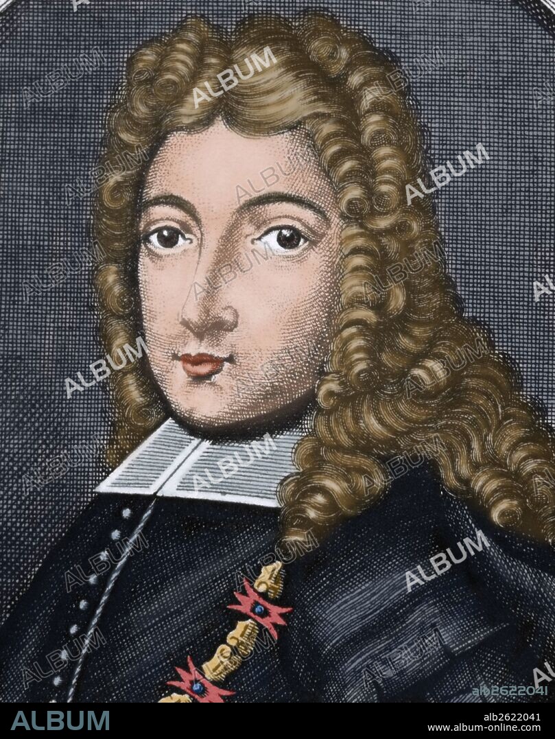 FELIPE V (Versalles, 1683-Madrid, 1746). Rey de España (1700-enero 1724; septiembre 1724-1746). Nunca se mostró muy interesado por los asuntos de Estado salvo cuando se trataba de participar en alguna guerra. A su muerte la hacienda española estaba en absoluta bancarrota. Grabado coloreado de la época.