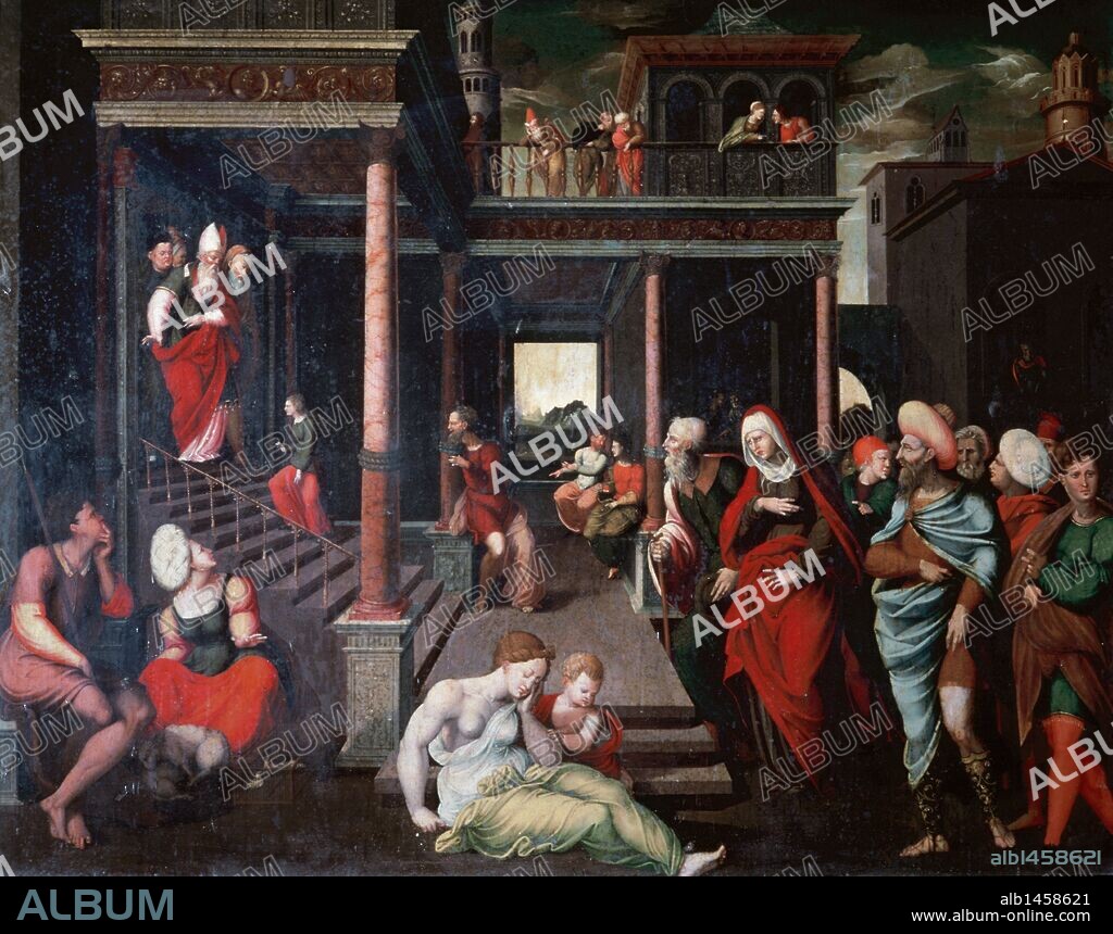 JERÓNIMO CÓSIDA. ARTE RENACIMIENTO. ESPAÑA. SIGLO XVI. Jerónimo COSIDA (1510-1592?), primera obra conocida de este pintor, cuyo nombre verdadero era Jerónimo Vicente Vallejo. "PRESENTACION DE LA VIRGEN EN EL TEMPLO". Tabla del banco central. Capilla de San Juan Bautista. Catedral de Tarazona. Provincia de Zaragoza. Aragón.