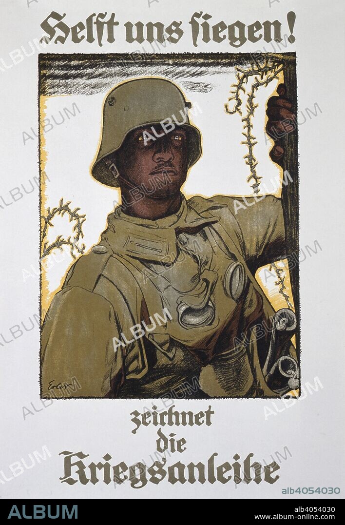 'Helft uns siegen! - zeichnet die Kriegsanleihe', German propaganda poster, World War I, 1917. 'Help us triumph! Subscribe to war bonds.'.