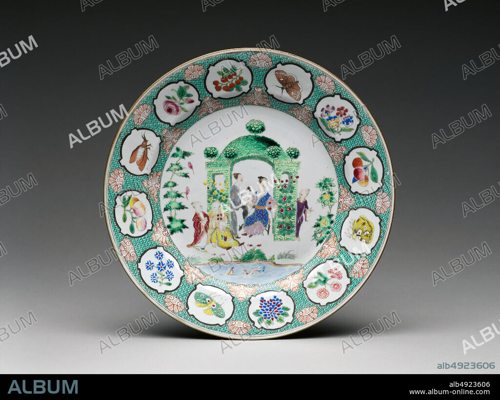 Design attributed to Cornelis Pronk, Plate with figures in arbor, Chinese, for Dutch market, ca. 1740, Chinese, for Dutch market, Hard-paste porcelain painted with colored enamels over transparent glaze (Jingdezhen ware), Diameter: 11 in. (27.9 cm), Ceramics-Porcelain-Export.