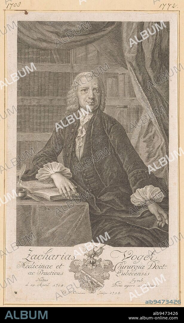 Portrait of Zacharias Vogel, Gottlieb Leberecht Crusius, 1758, print maker: Gottlieb Leberecht Crusius, (mentioned on object), publisher: Johann Christian Koppe, print maker: Leipzig, publisher: Rostock, 1758, paper, engraving, h 187 mm - w 112 mm.