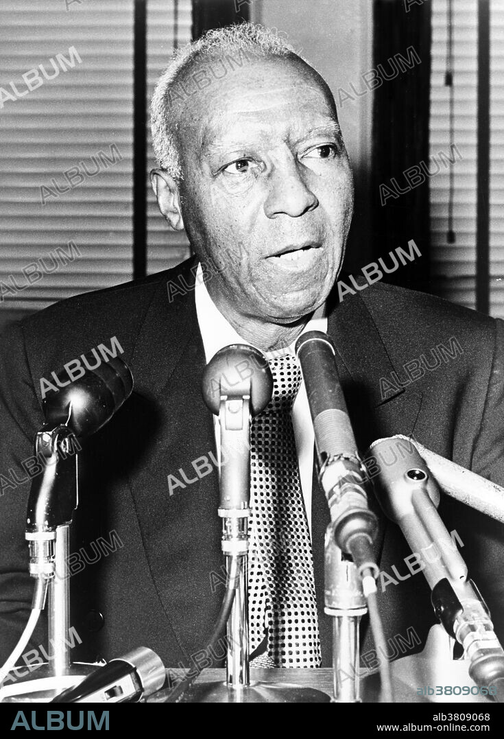 Randolph seated behind microphones on desk at press conference. Asa Philip Randolph (April 15, 1889 - May 16, 1979) was a leader in the African-American civil rights movement, the American labor movement, and socialist political parties. He organized and led the Brotherhood of Sleeping Car Porters, the first predominantly African-American labor union. In the early civil rights movement, he led the March on Washington Movement, which convinced President Roosevelt to issue Executive Order 8802 in 1941, banning discrimination in the defense industries during WWII. The group then successfully pressured President Truman to issue Executive Order 9981 in 1948, ending segregation in the armed services. In 1963, Randolph was the head of the March on Washington, which was organized by Bayard Rustin, at which Reverend Martin Luther King, Jr. delivered his "I Have A Dream" speech. He inspired the Freedom budget, sometimes called the "Randolph Freedom budget", which aimed to deal with the economic problems facing the black community. In 1964, President Johnson presented Randolph with the Presidential Medal of Freedom. He died in 1979 at the age of 90. Photographed for the World Telegram & Sun photo by Ed Ford, 1964.
