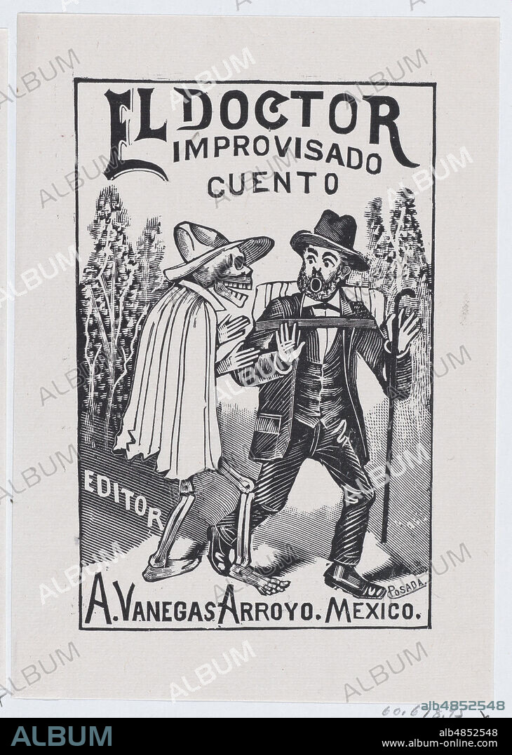 A skeleton wearing a cape speaking to a frightened man with a cane and backpack, illustration for 'El Doctor Improvisado (The Impromptu Doctor)' edited by Antonio Vanegas Arroyo, ca. 1890-1899.