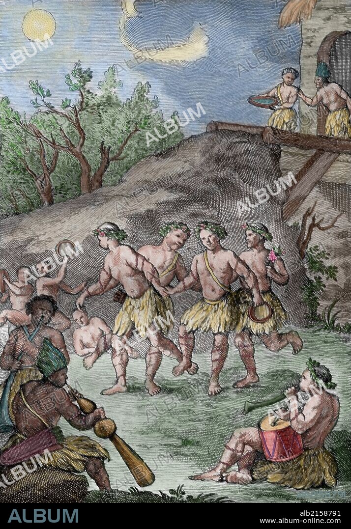 INDIGENAS. INDIOS MAPUYES, habitantes de la ribera del río Orinoco y del afluente andino Apure, realizando una danza nupcial. Grabado coloreado del siglo XVIII.