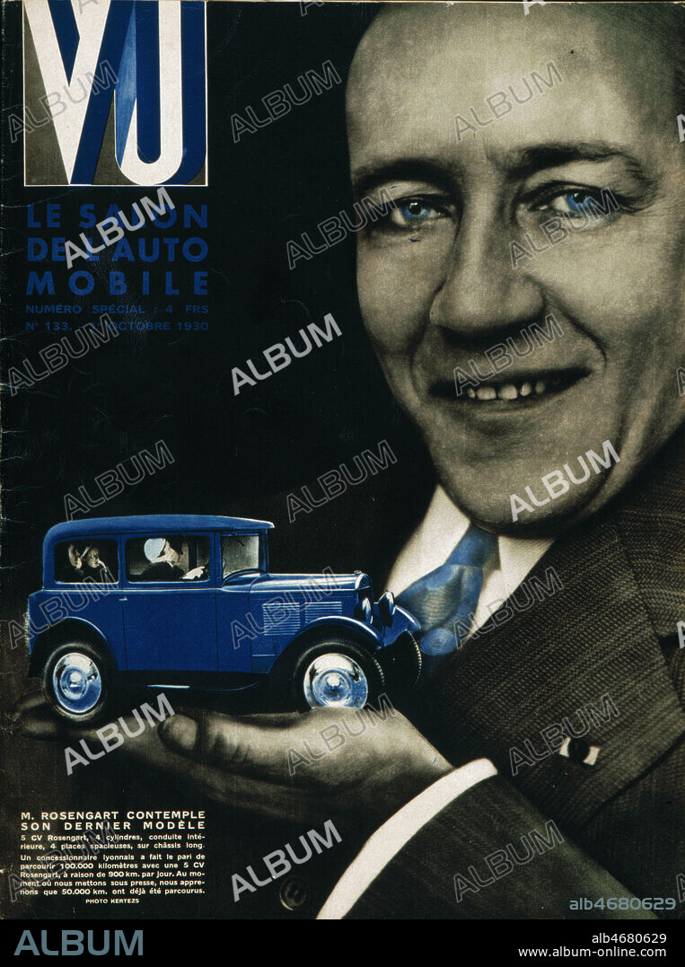 'Le salon automobile : M. ROSENGART (1881-1976) contemple son dernier modele la 5CV Rosengart'. Couverture de Vu du 1er octobre 1930. Credit : Collection KHARBINE-TAPABOR.