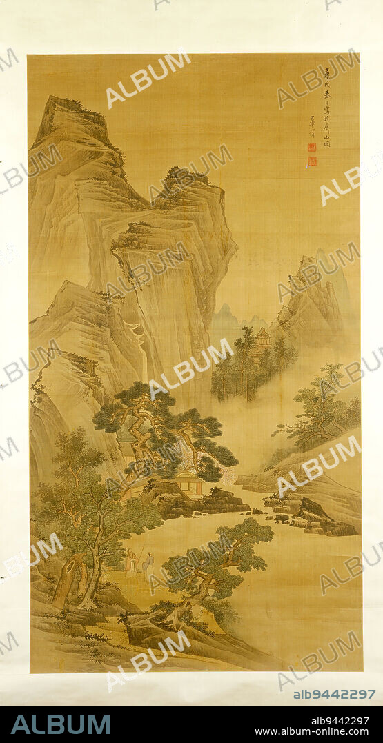Landscape at Pingshan Pavilion, 1670, Zhang Sheng, 17th century, 69 1/8 x 37 3/4 in. (175.58 x 95.89 cm) (image), Ink and color on silk, China, 17th century, After the family of Lan Ying (1585-1664), Zhanggu (active 1644-1669) and his son, Zhang Sheng, were arguably the most important family of professional painters working in Hangzhou during the seventeenth century. Zhang Sheng was a conservative artist who continued the Five Dynasties and Song tradition of monumental landscape painting. The present work was completed in 1670 early in Zhang's period of maturity as an artist. Painted in a pavilion on Mount Ping, above the city of Hangzhou, the mountains show the vertical rock massing angular forms and foreground trees associated with the earlier painter, Qing Hao (10th century) but with a loosened style of decorative brushwork that is in keeping with seventeenth century aristocratic taste.