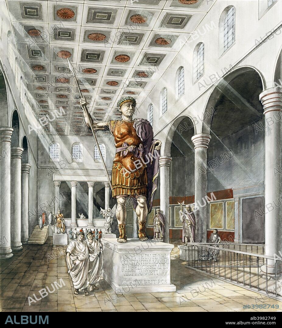 PETER DUNN. York Roman Basilica, c3rd century, (c1990-2010). Reconstruction drawing. The Roman Fortress consisted of a basilica, courtyard and barracks. It would have been here that the governor presided over court cases or addressed his officers on formal occasions. In 306AD, Constantine was visiting the fortress at York when his father died.  The Sixth Legion immediately hailed Constantine the next Emperor of the West.  This is most likely to have happened in the basilica.
