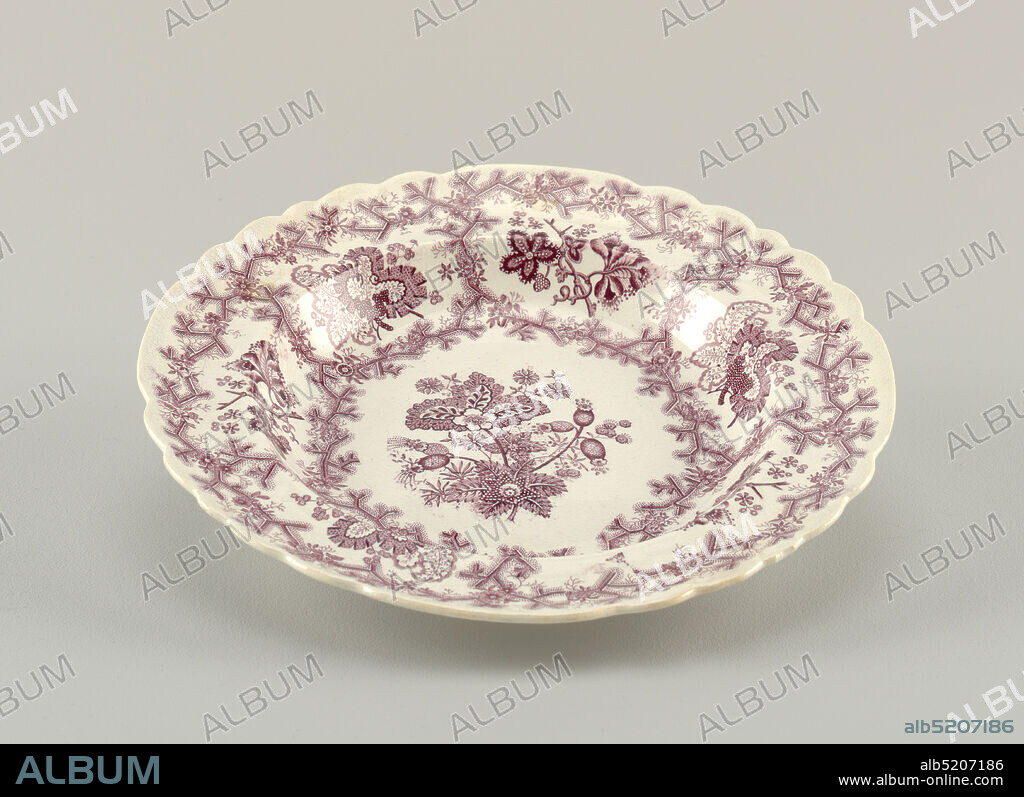 'Coral Border', Enoch Wood, English, 1759 - 1840, Thomas Wolfe, Earthenware, transfer-printed decoration, Scalloped-edge shallow bowl with overall purple transfer-printed decoration resembling coral with various flowers and foliate motifs on white ground., mid-19th century, ceramics, Decorative Arts, Plate, Plate.