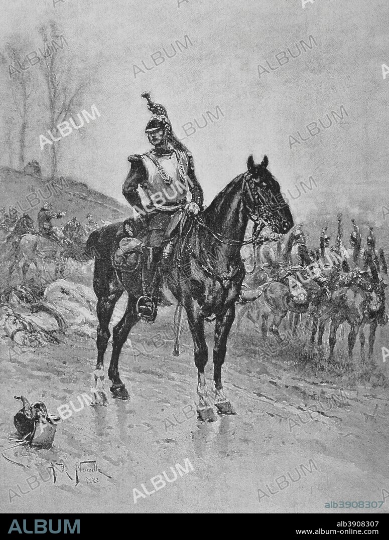 Guerra Franco-Prusiana (1870-1871). Coracero francés. Grabado. Original de 1882 por Alphonse Marie de Neuville (1835-1885). En Campagne, por Jules Richard. Obra editada en París en 1885. Biblioteca Histórico Militar de Barcelona. Cataluña. España.