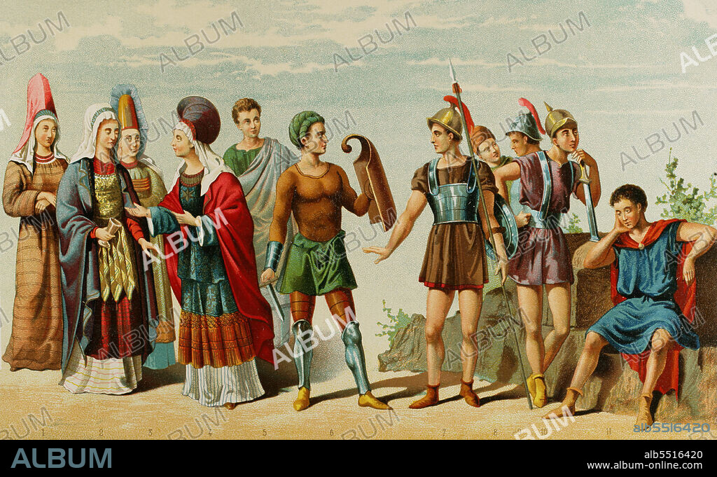 Península Ibérica. Historia Antigua. De izquierda a derecha; figuras 1 a 6: fenicios, figuras 7 a 11: celtíberos. Cromolitogafía. Historia General de España, por Modesto Lafuente. Tomo I. Editada en Barcelona, 1877.