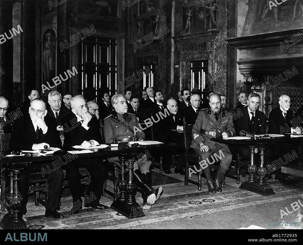 Filippo Tommaso Marinetti, Massimo Bontempelli and Luigi Pirandello at the proclamation of the Empire. Filippo Tommaso Marinetti, Massimo Bontempelli and Luigi Pirandello participating in the session for the proclamation of the colonial Fascist Empire at the Royal Academy of Italy. Rome, 1936.
