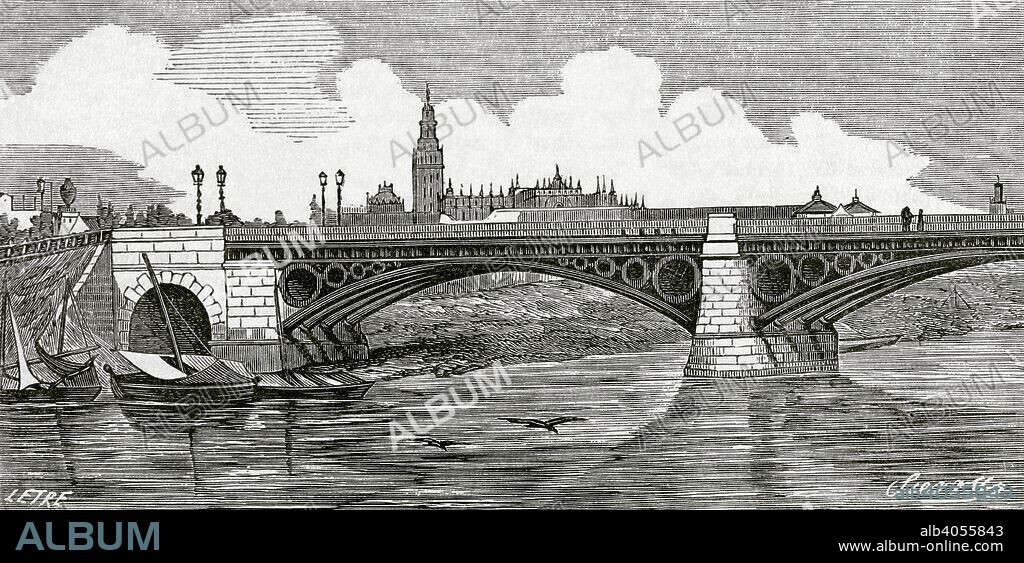 España. Andalucía. Sevilla. Puente de Isabel II, conocido popularmente como "Puente de Hierro" o "Puente de Triana". Su construcción finalizó en 1852. Dibujo por Letre. Grabado por Sierra. Crónica General de España, Historia Ilustrada y Descriptiva de sus Provincias. Andalucía, 1867. Biblioteca Histórico Militar de Barcelona. Cataluña, España.