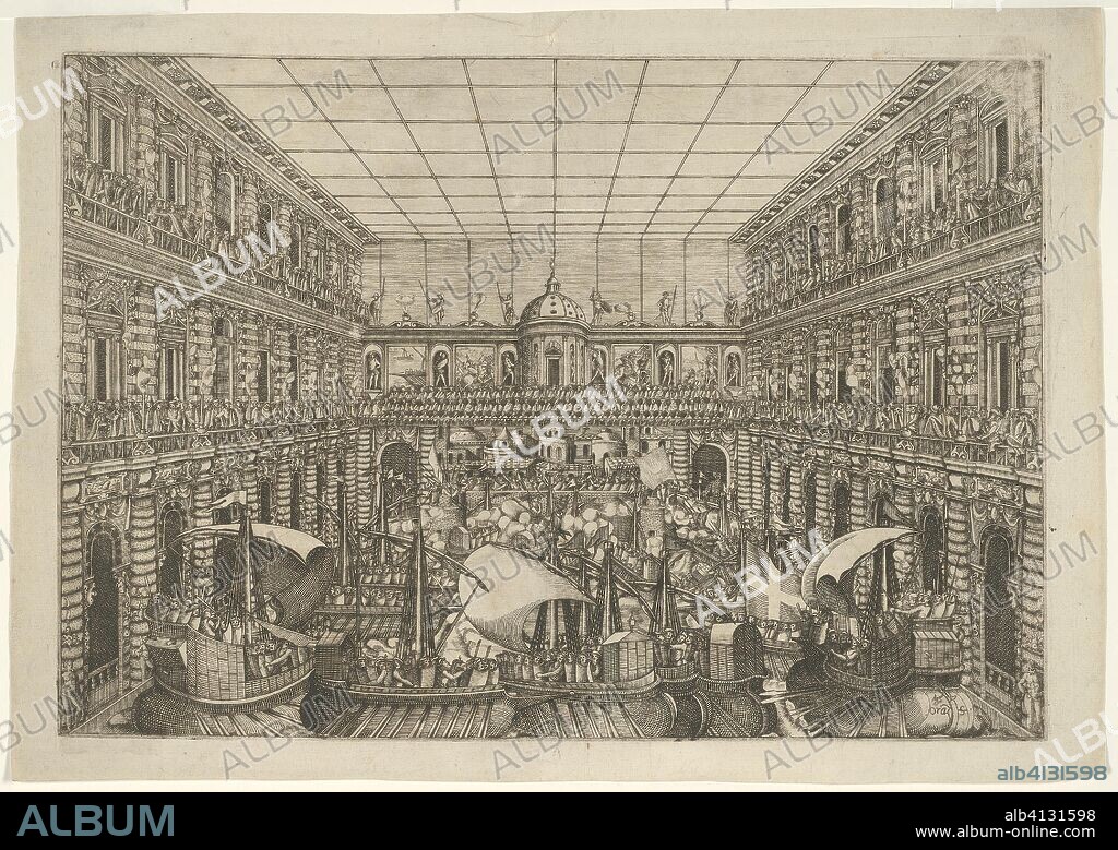 Naumachia in the Courtyard of Palazzo Pitti. Orazio Scarabelli; Italian, active c. 1580-1600. Date: 1592. Dimensions: 244 x 356 mm (image/plate); 277 x 393 mm (sheet). Etching in black on cream laid paper. Origin: Italy.