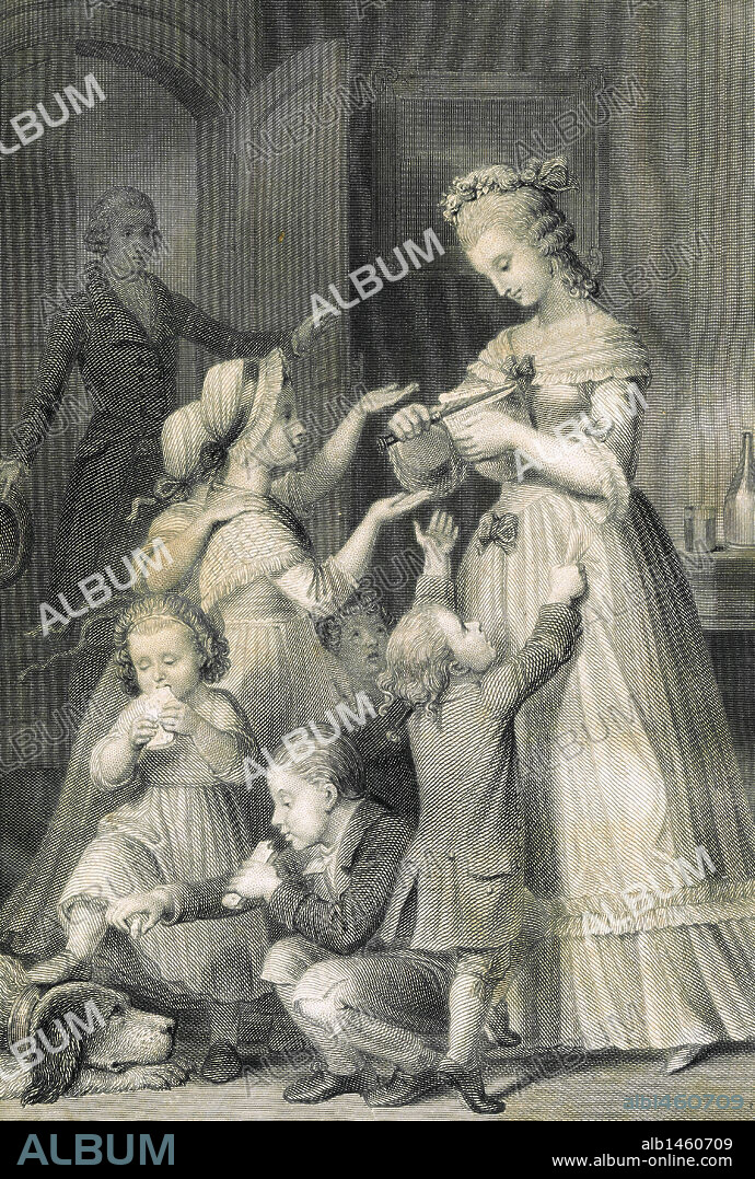 Johann Wolfgang von Goethe (1749-1832). German writer. The Sorrows of Young Werther, 1774. Engraving depicting Werther surprises Charlotte surrounded by children. Edition of 1837.