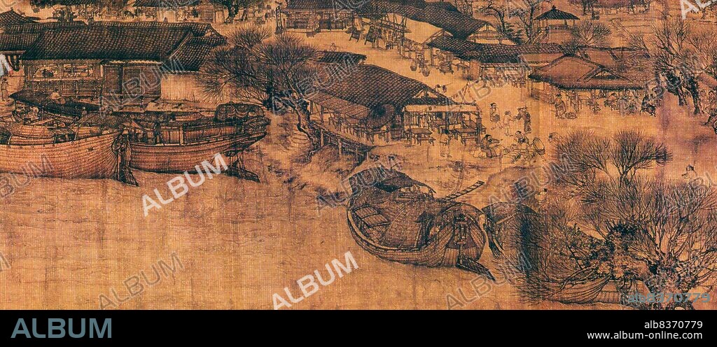'Along the River During the Qingming Festival' is a painting by the Song dynasty artist Zhang Zeduan (10851145). It captures the daily life of people and the landscape of the Northern Song capital, Bianjing, today's Kaifeng. The theme is said to celebrate the festive spirit and worldly commotion at the Qingming Festival, rather than the holiday's ceremonial aspects, such as tomb sweeping and prayers.<br/><br/>. Successive scenes reveal the lifestyle of all levels of the society from rich to poor as well as different economic activities in rural areas and the city, and offer glimpses of period clothing and architecture. The scroll is 25.5 centimetres (10.0 inches) in height and 5.25 meters (5.74 yards) long. In its length there are 814 humans (of whom only 20 are women), 28 boats, 60 animals, 30 buildings, 20 vehicles, 8 sedan chairs, and 170 trees. The countryside and the densely populated city are the two main sections in the picture, with the river meandering through the entire length.<br/><br/>. The original painting is celebrated as the most celebrated work of art from the Song dynasty.