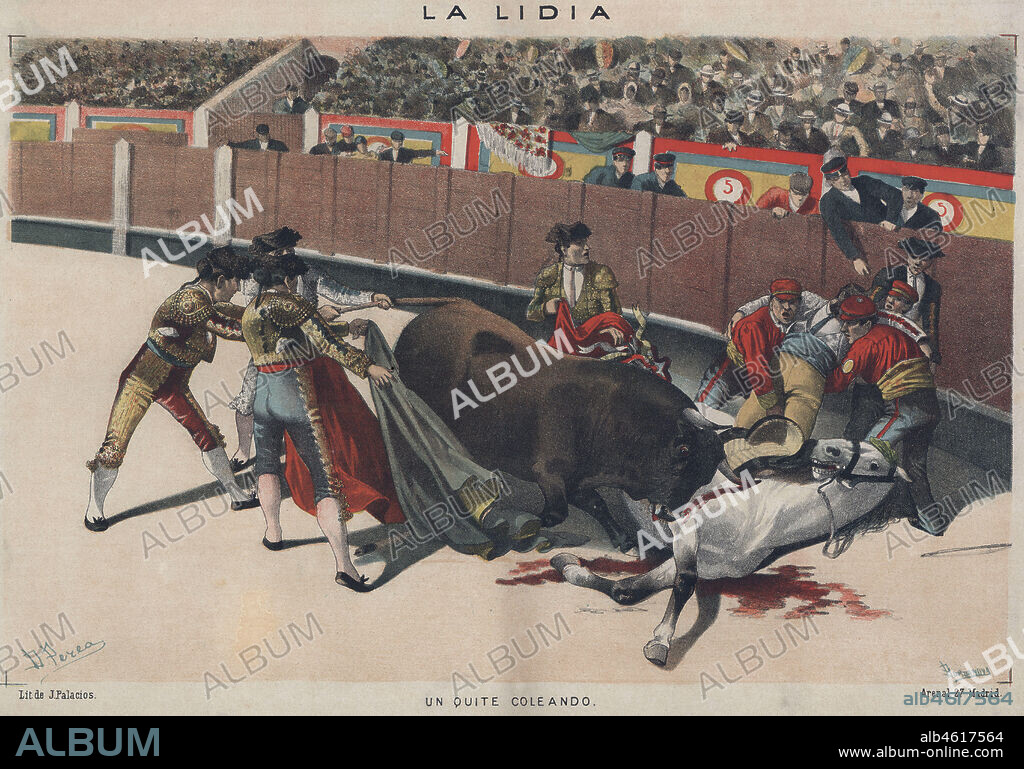 DANIEL PEREA Y ROJAS. La lidia. Un quite coleando. Los mozos de la cuadrilla tratando de separar el toro del caballo caído agarrándole por la cola y llamando su atención con los capotes. Año 1886.
