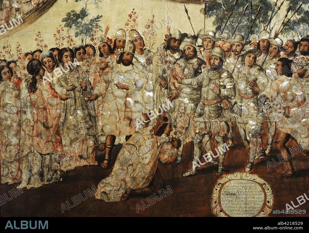 Título: Conquista de México. Autor: Anónimo. Tabla, pintura al óleo, nácar. Técnica: Enconchado. Entrada de Cortés en México y recibimiento de Moctezuma. 1676-1700. Detalle. Escuela Mexicana. Virreinato de la Nueva España. México. América del Norte. Museo de América. Madrid. España.