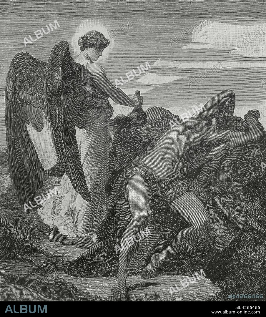 Antiguo Testamento. Elias en el desierto. Grabado a partir de un cuadro de F. Leighton. La Ilustración Española y Americana,8 de marzo de 1881.
