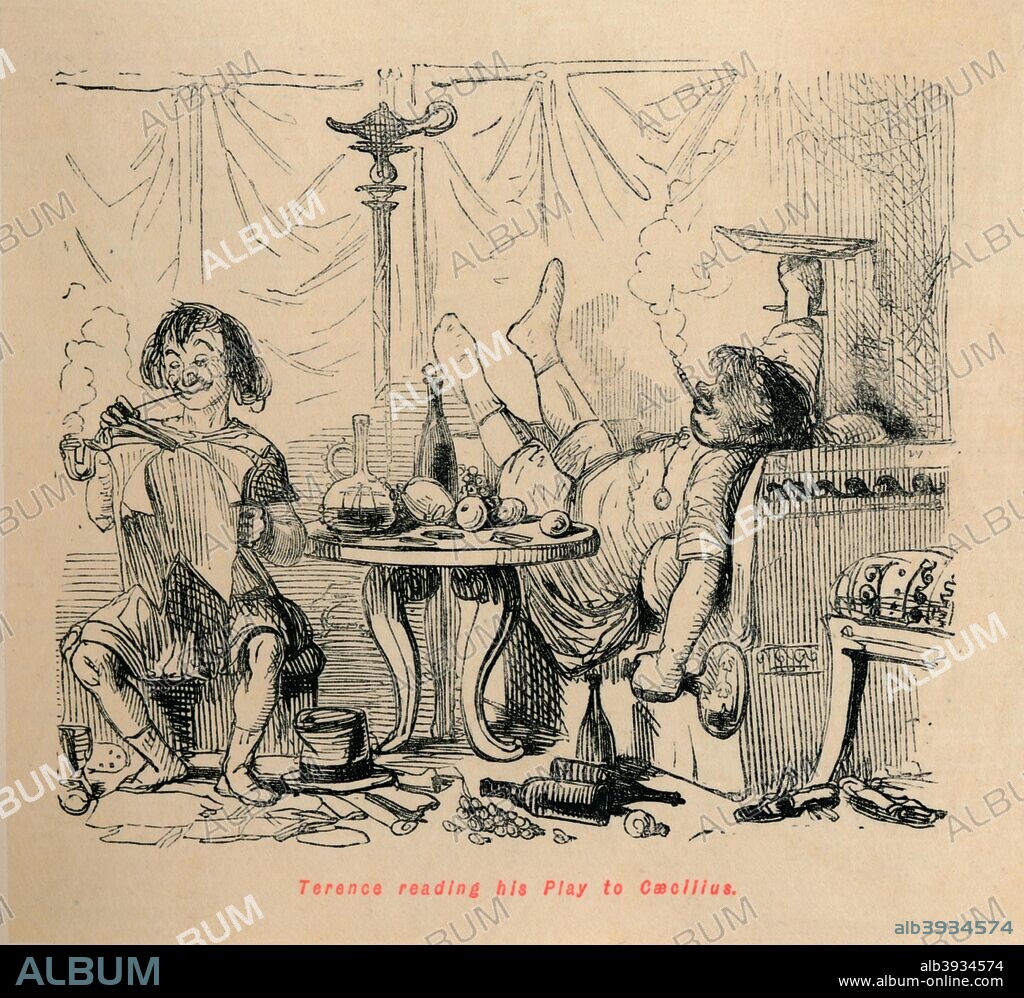 'Terence reading his Play to Caecilius', 1852. From The Comic History of Rome, by Gilbert A A'Beckett, illustrated by John Leech. [Bradbury, Agnew & Co, London, 1852].