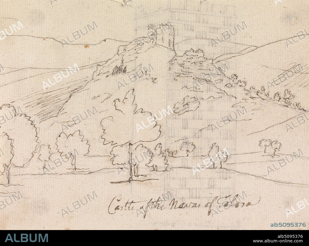 Castle of Las Navas de Tolosa, Spain, Henry Swinburne, 17431803, British, 1775 to 1776, Pen and brown ink, over graphite on medium, moderately textured, blued white, laid paper, mounted on, moderately thick, slightly textured, cream, wove paper, Mount: 11 × 16 1/4 inches (27.9 × 41.3 cm) and Sheet: 3 15/16 × 5 1/4 inches (10 × 13.3 cm).