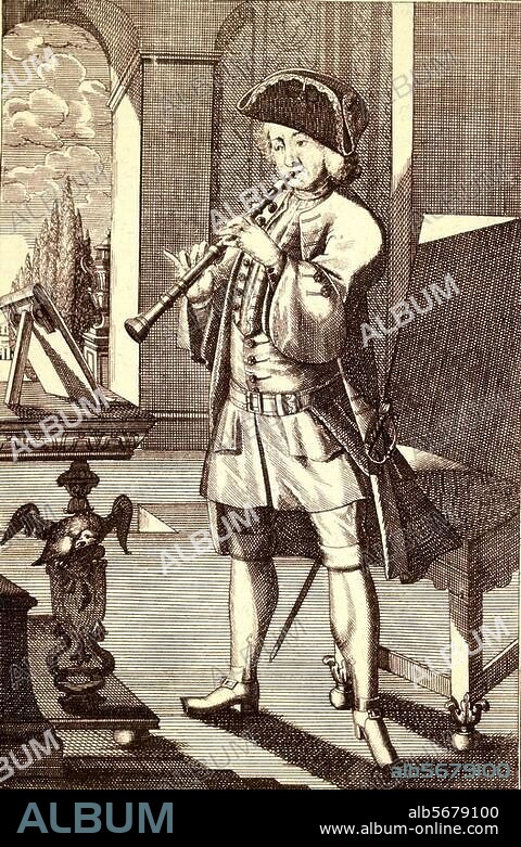 Musik / Instrumente / Blasinstrumente:. Klarinette. "Clarinett". Kupferstich von Johann Christoph Weigel. (c. 1654-1726). Aus: Musicalisches Theatrum, auf welchen alle zu dieser edlen Kunst gehörige Instrumenta (...) vorgestellet werden, Nürnberg (J.C.Weigel) o. J. (1710/20).
