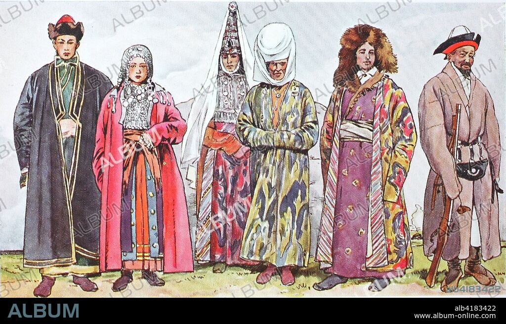 Fashion, clothes in Asian Russia, from the left, young couple from the Bashkir tribe, then a Kyrgyz girl with bridal jewelry, then a Bokhara Kigisin in a padded kaftan, then a Kyrgyz with a fur hat and an armed Kyrgyz, digital improved reproduction from an original from the year 1900.